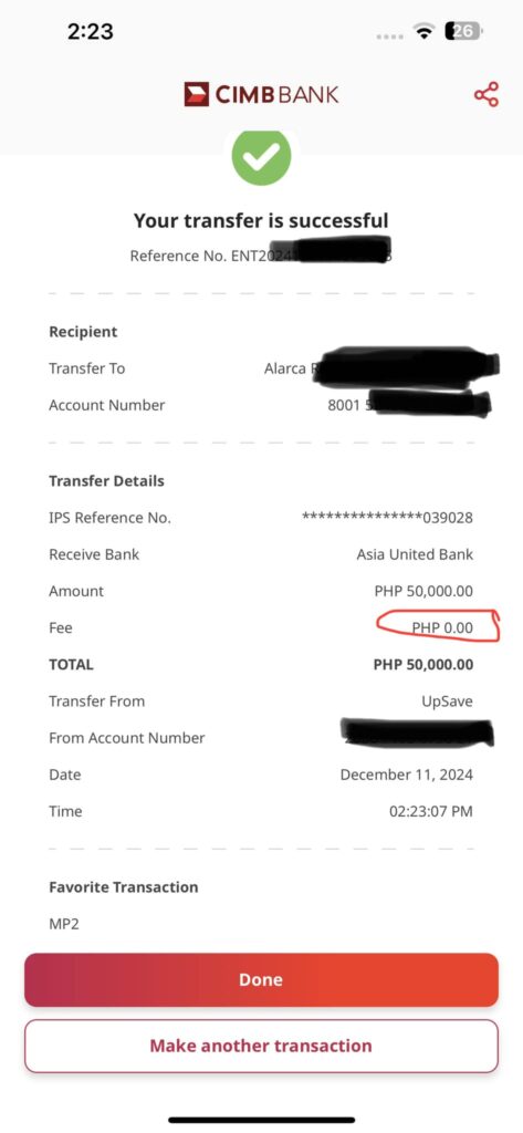 Ang pag-ibig MP2 ba ay walang fee sa AUB through CIMB via instapay?